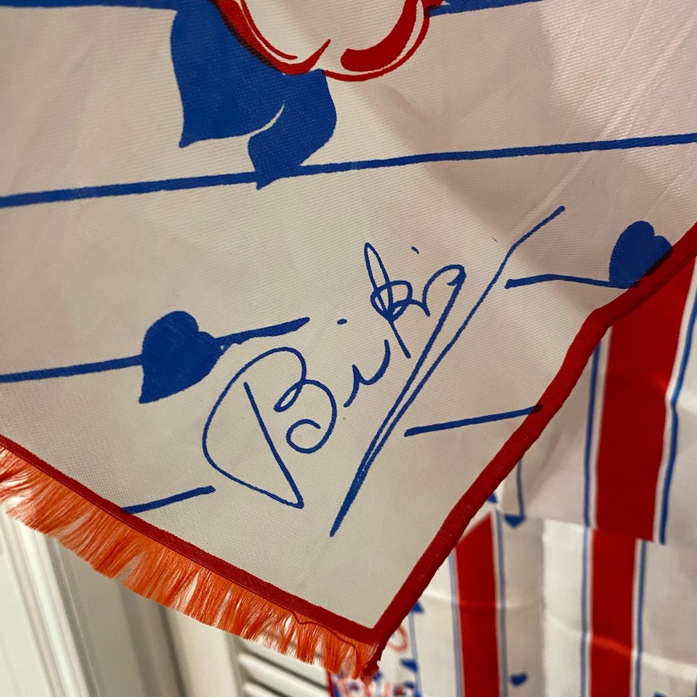 Birkin scarf with red outlined poppies with blue hearts